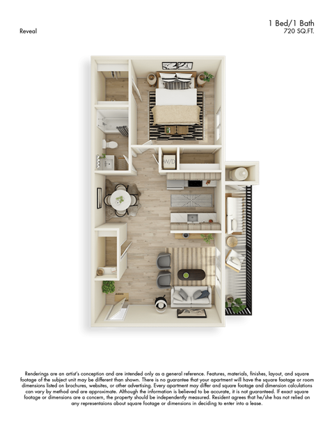 Reveal 3D Floor Plan 1 Bed 1 Bath 720sf